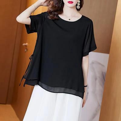 Moda Mãe Casual Camisa de Chiffon Nova de Verão para Mulheres Gola Redonda Manga Curta Top Solto Estilo Ocidental