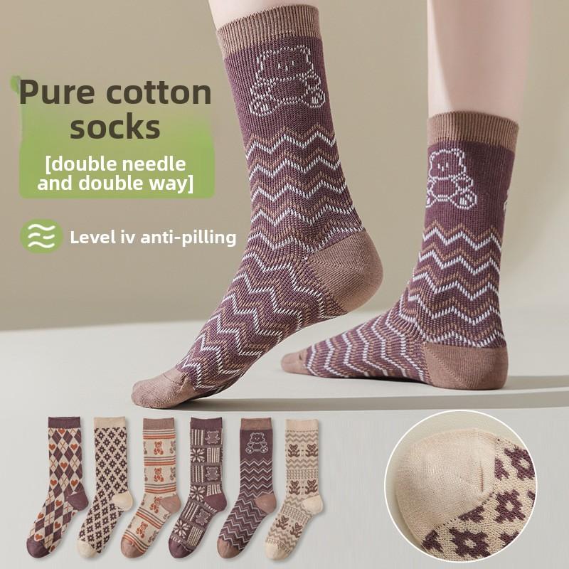 Retro-colored High-top Socks for Women In Autumn and Winter, and Mid-top Combed Cotton Pile Socks for Women In Spring and Autumn