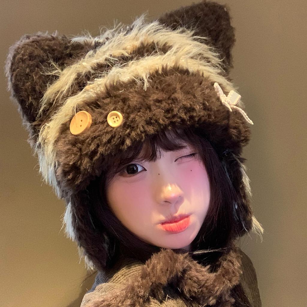 Cute cat ears bow knitted hat women's autumn and winter warm versatile face small big head circumference ear protection Lei Feng hat