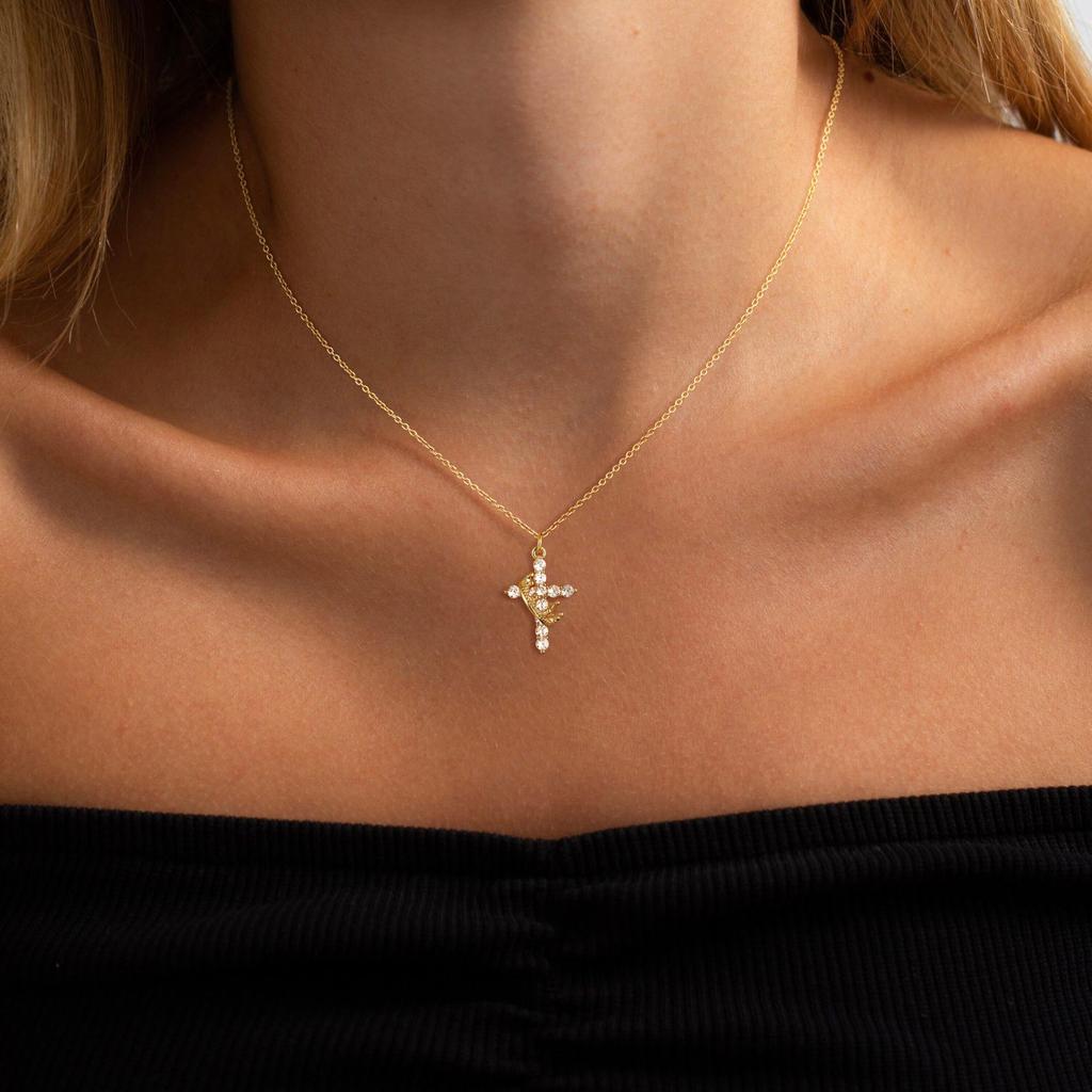Luxury Zircon Gold Color Crown Cross Necklace For Women Couples Rhinestone Pendant Necklace Clavicle Chain Jewelry Prayer Gift