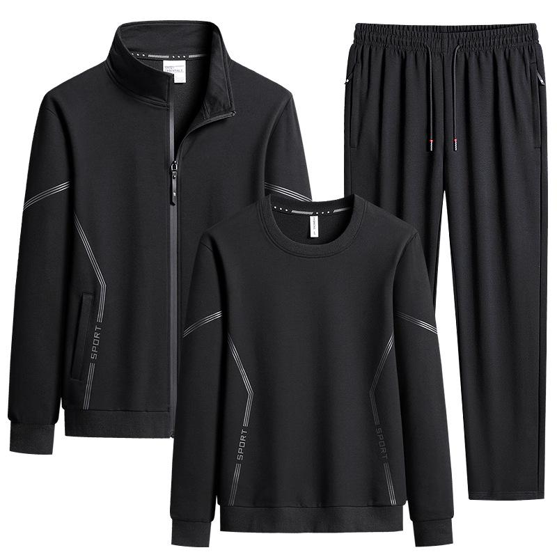 Men's Plus Size Spring Cotton Sportswear: Casual, Breathable Three-Piece Set with Running Cardigan and Round Neck