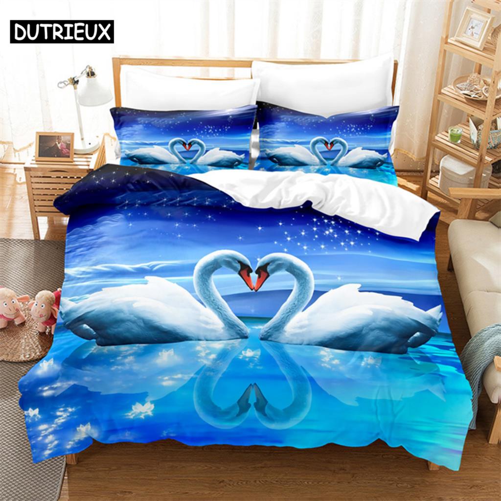 Swan Rose Queen Bedding Set Duvet Cover Set Bedding Digital Printing Bed Linen King Size Duvet Cover Set Bedding Set