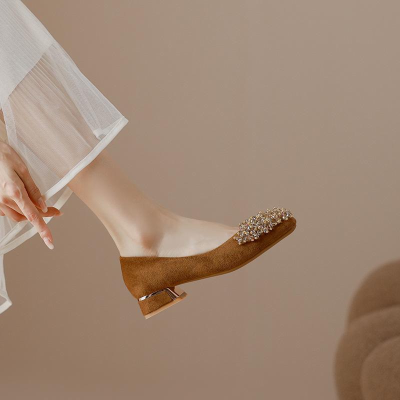 Fashion Elegant String Beaded Fashion Slip-On Women Shoes Square Toe Medium Heel Versatile Casual Velvet Summer Loafers Chaussures Femme