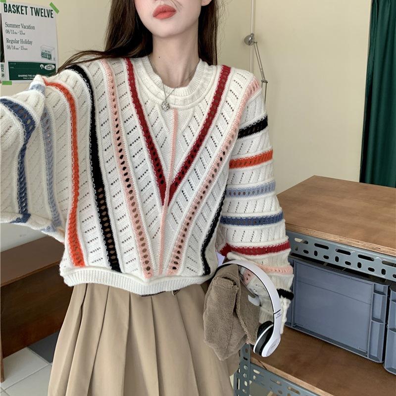 

Осень и Зима Новый Полосатый Вязаный Свитер с Рукавами Летучая Мышь Женский Свободный Короткий Топ 3XL