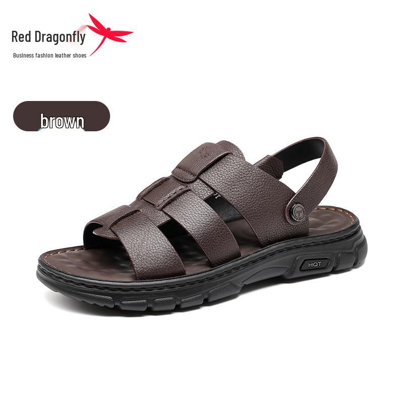 Red Dragonfly Men s Genuine Leather Non-Slip Sandals - Two-Way Summer Beach Slippers for Middle-Aged and Older Adults 44 коричневый