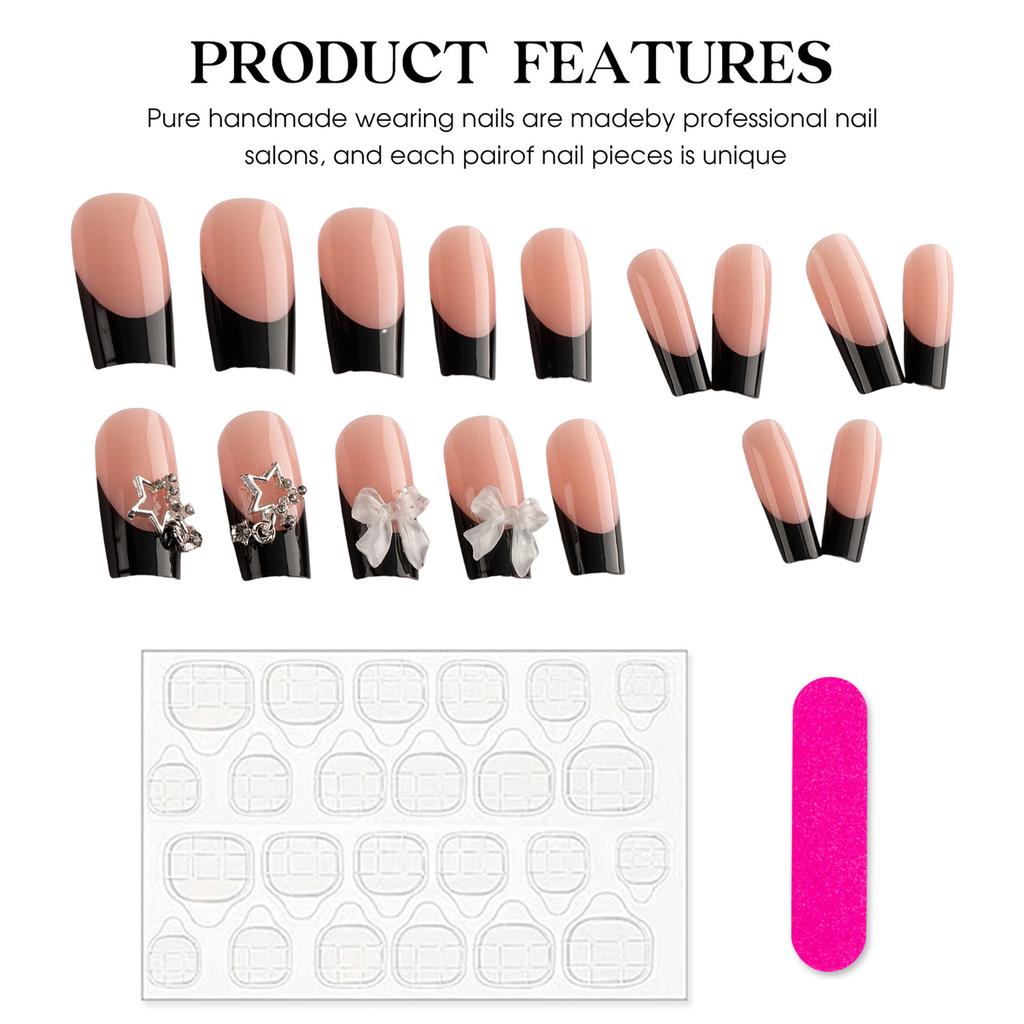 Nude Resin Nail Extension with Black Tip Sweet & Charming Reusable False Nails for Hot Girl Dress Matching