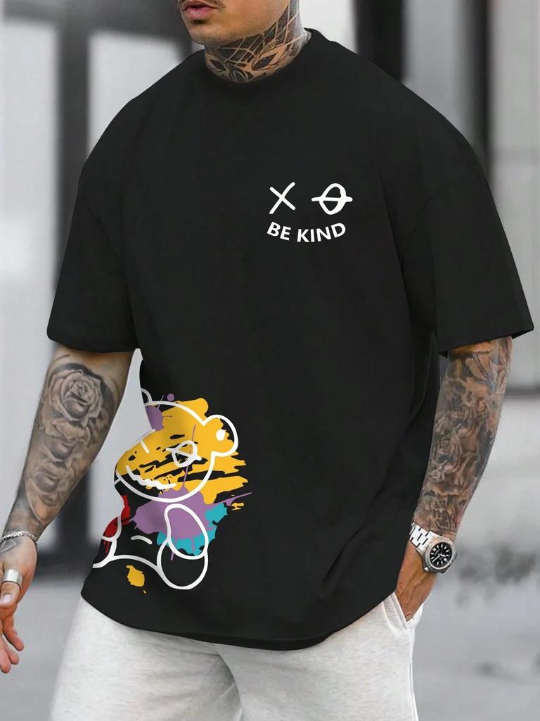 Summer New Men 100% Cotton Loose Alphabet Cartoon Print Casual and Comfortable Round Neck Short-sleeved T-shirt Top