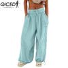 QICED 8 Color Women High Elastic Waist Trousers Wide Leg Loose Pants Deep Vest Pleated Ankle Pockets Solid Color Soft Ladies Casual Pants