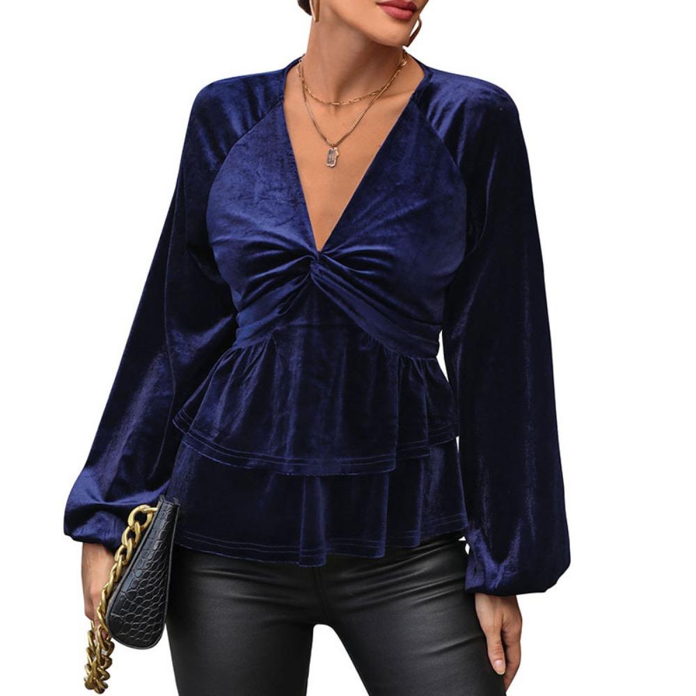 

Осенняя женская однотонная бархатная рубашка с V-образным вырезом XL синий