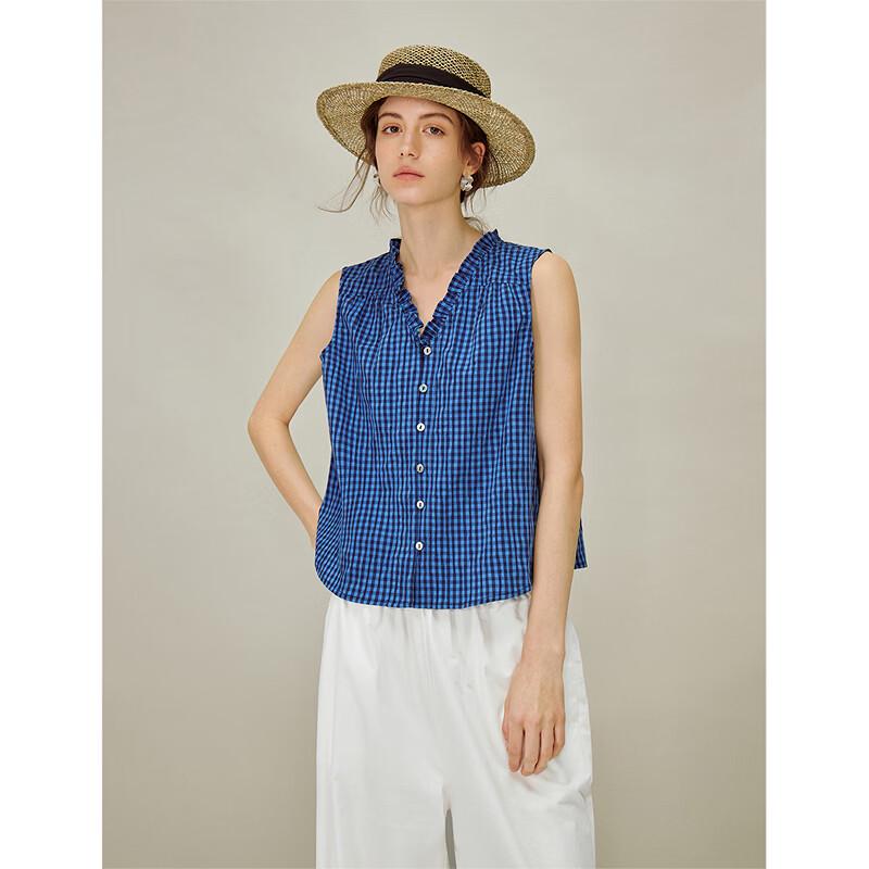 INMAN Women's Retro Plaid Ruffle Sleeveless V-Neck Top