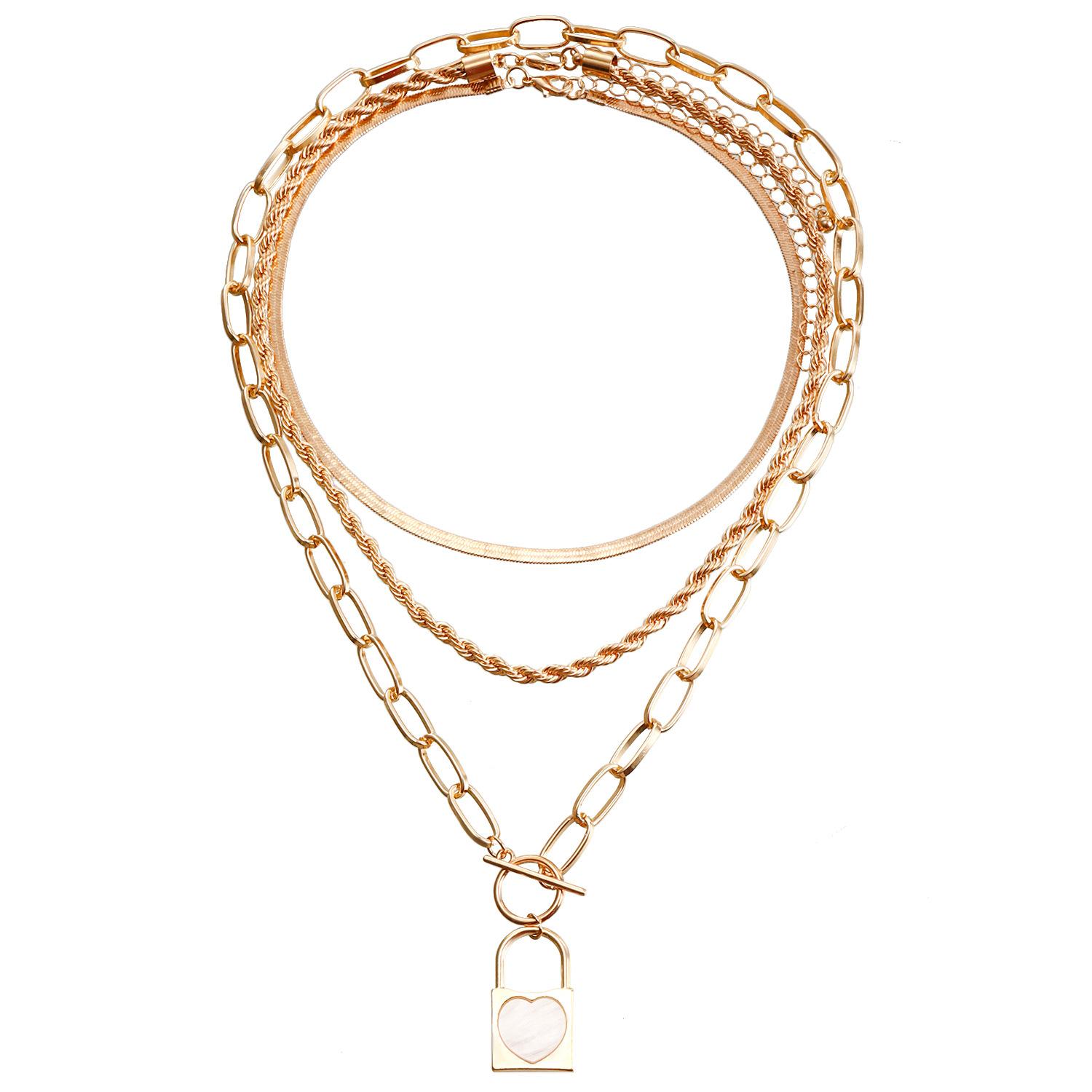 

Punk style stacked flat snake chain three-layer necklace, imitation Fritillary concentric lock pendant necklace золотой