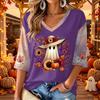 Women's V-Neck Casual Halloween Print Three-Quarter Sleeve Top for Fall Festive Occasions