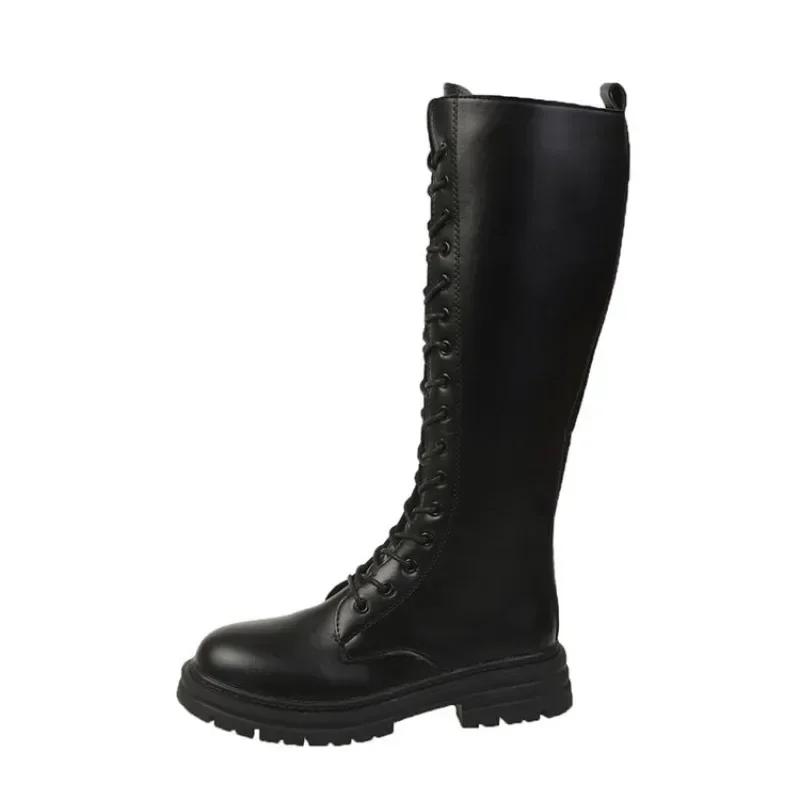 Fashion Women Combat Antumn 2024 Female High Platform Gothic Shoes Black Leather  Lace Up Women Knee High Boots