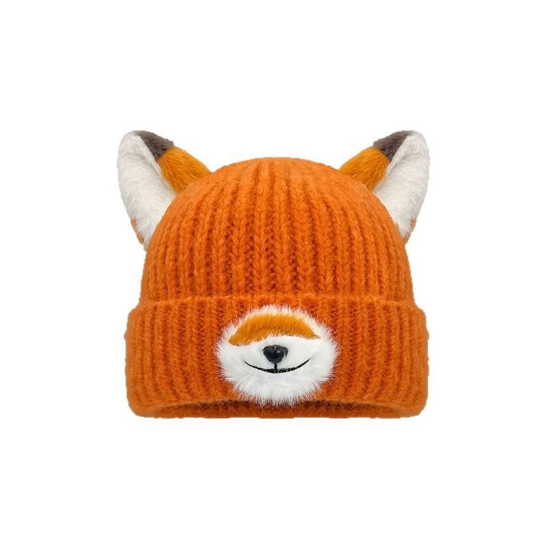 Cappello in Maglia Arancione a Volpe con Orecchie da Cartone Animato per Calore Invernale e Stile Casual