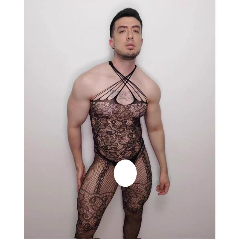 Men S Sexy Lingerie Hollow Open Crotch Mesh Bodysuit