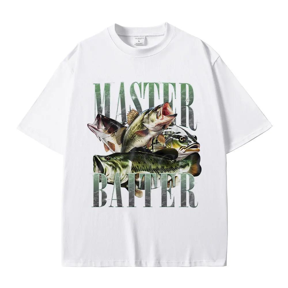 Funny Fishing T Shirt Master Baiter Bass Print Navy Blue Casual Graphic Tees Soft Comfort Trendy Daily Fashion Angler Tops