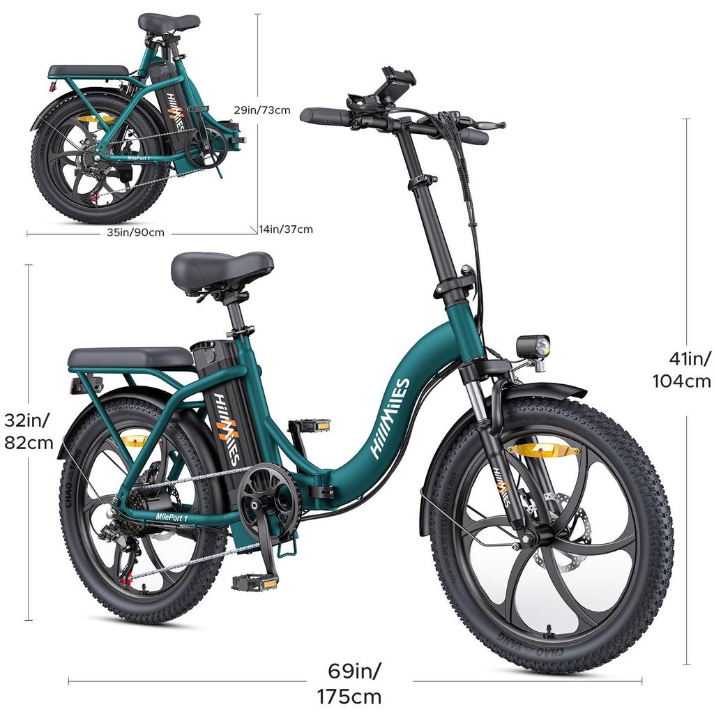 HillMiles MilePort 1 Faltbares E-Bike, 250W Motor, 100KM Reichweite, 36V13Ah Akku, 20” Fat Tires, Perfekt für Stadtfahrten und Offroad-Abenteuer
