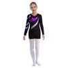 Girls Long Sleeve Round Neck Rhinestones Printed Patchwork Leotard V Front Waistband Shorts Dance Set