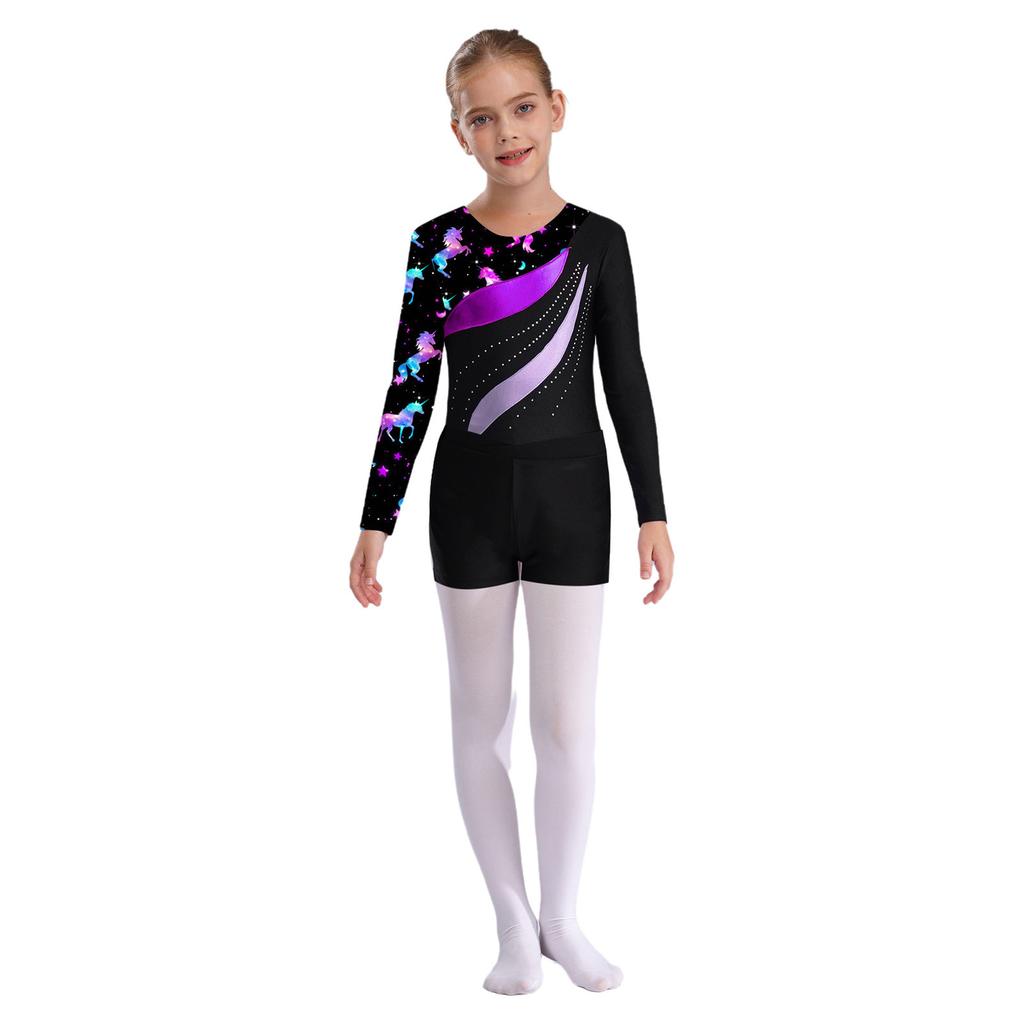 Girls Long Sleeve Round Neck Rhinestones Printed Patchwork Leotard V Front Waistband Shorts Dance Set
