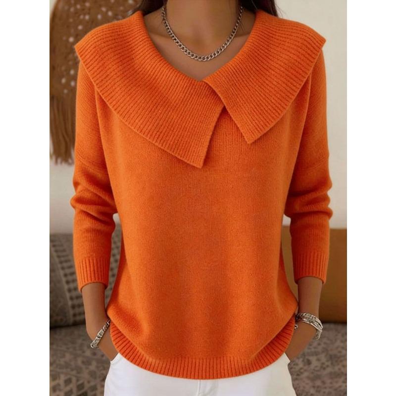 Fall Winter Asymmetrical Collar Knit Sweater Long Sleeve Casual Pullover Top