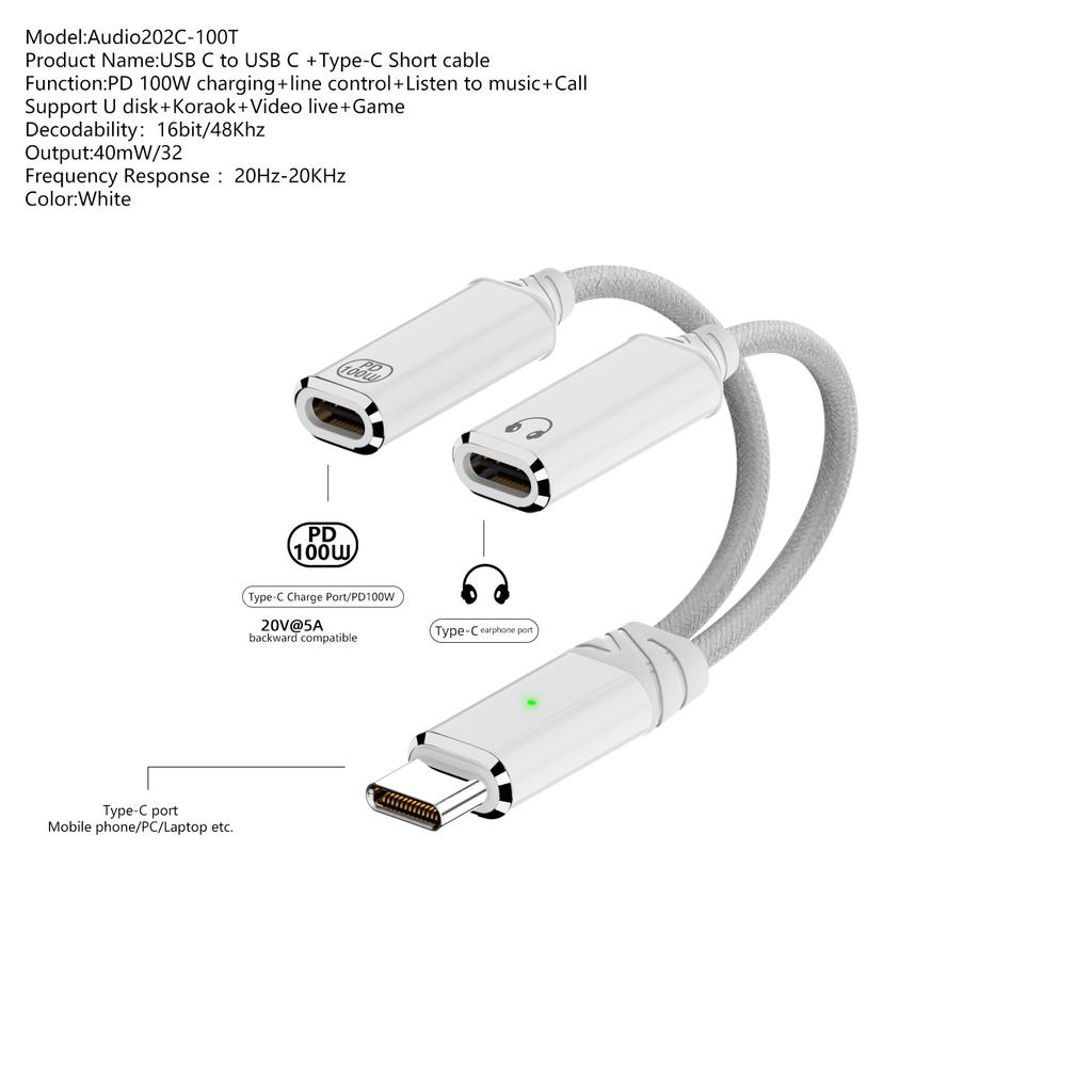 2-in-1 USB C Splitter Dual Charger Adapter Fast PD 100W Audio Dongle Cable 100W USB C Headphone Charger for Camera DC for Call