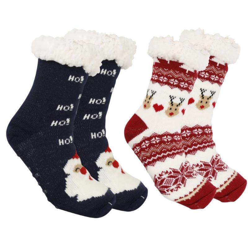 2 Pairs Christmas Knitted Slipper Socks for Women Winter Thermal Fuzzy Socks Fleece Lining Nonslip Socks Grips Socks