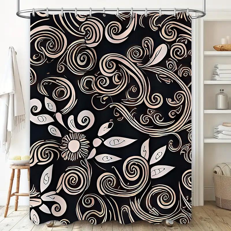 Luxury White Black Floral Print Shower Curtain Set Bathroom Decor Waterproof Hanging Rod Kits for Home Use Modern Design Shabby