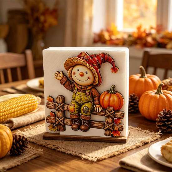Decorative Napkin Stand for Kitchen Fall Scarecrow Wooden Holder, Harvest Pumpkin Rustic Ornaments Dispenser, Thanksgiving Farmhouse Tabletop