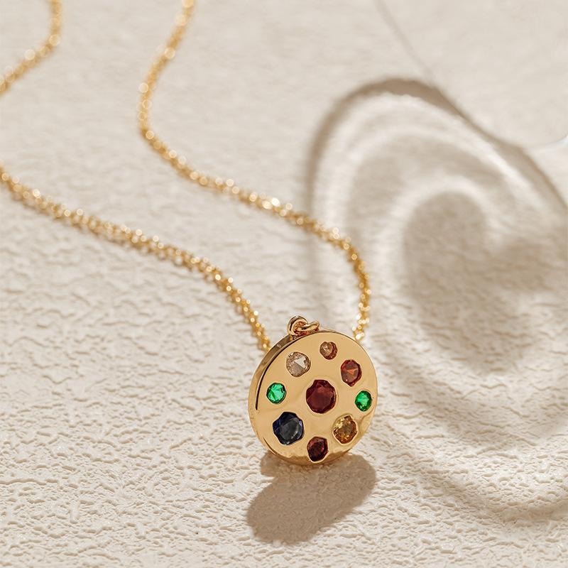 K Gold Plated Brass O Chain Round Pendant Colored Zircon Women Clavicle Necklace