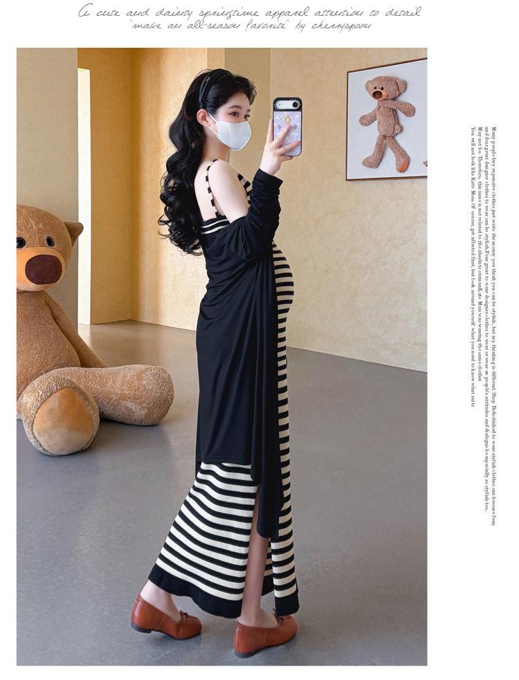 2026 Maternity Summer A-Line Dress: French Striped Spaghetti Strap, Slimming Age-Reducing Style
