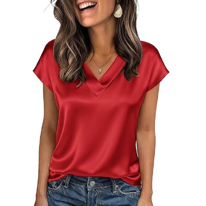 Women Summer T-shirts V-neck Short Sleeve Satin Tee Tops Ladies Casual Top Shirt