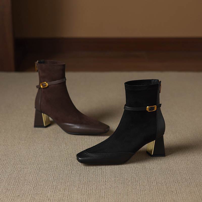 Krazing Pot Flock Cow Skin Square Toe Thick Heels Chelsea Boots Size 42 Beauty Lady Women Modern Fashion Girl Ankle Boots