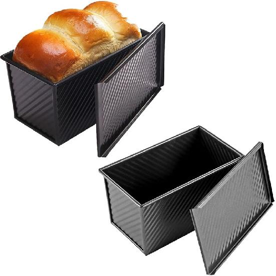2 pack Loaf Pan with Lid, 1 lb Non-Stick Bread Toast Mold, Carbon Steel Corrugated Bread Toast Box Mold for Baking Bread Pan Bread Tin for Homemade