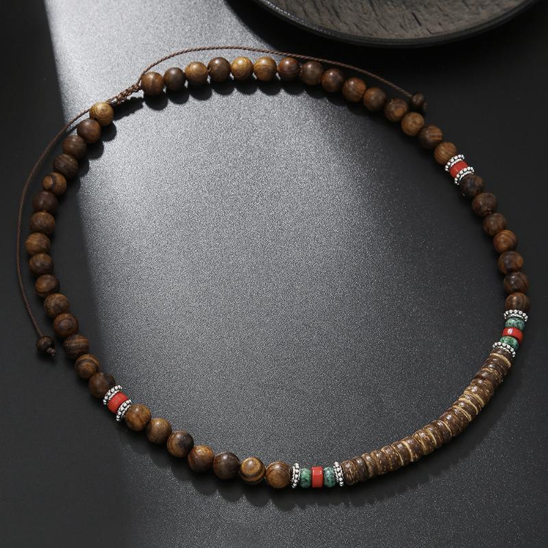 Men'S Layered Wood Walnut Bead Necklace European American Style Hiphop Vintage Long Chain Stackable Bohemian Accessories