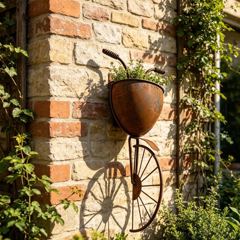 Metal Bike Wall Flower Pot with Brown Finish, Small Flower Holder for Fence Panels, Brick Walls, and Outdoor Wall Use at Home