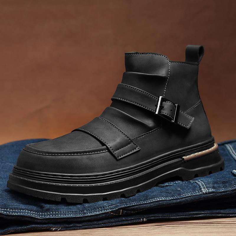 WAERTA Autumn Winter Thick Base Mid-Top Boots Men’s British Trend Boots High-Top Korean Casual Shoes Motorcycle Boots for Men