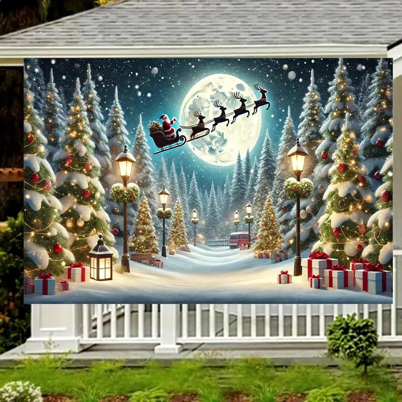 Santa Claus sleigh on the snow on Christmas Eve - Polyester fiber banner multi-functional holiday decoration