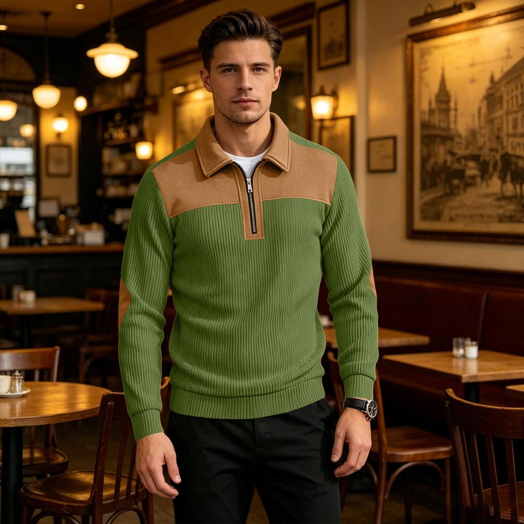 Men's Casual Loose Fit Knit Sweater Half Zip Pullover Long Sleeve Embroidered Sweatshirt with Collar Patchwork Design for Fall Winter