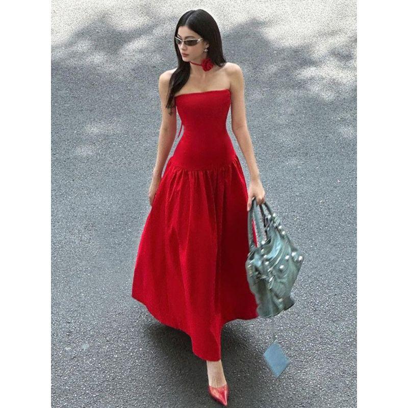 

off-Shoulder Collar Dress Stretch Silm Decorative Flower Tube Top Red M
