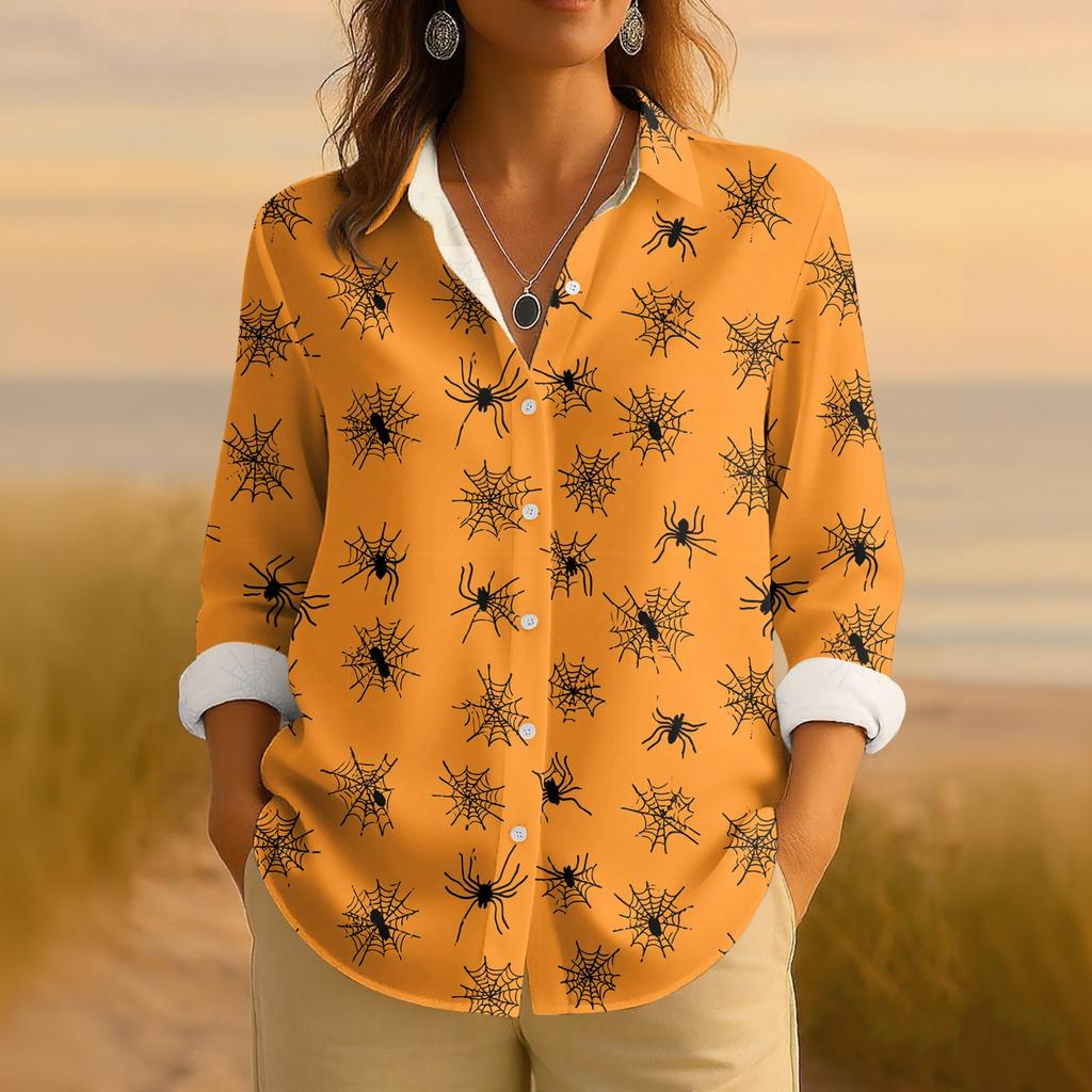 Dámská retro halloweenská potištěná košile s dlouhým rukávem na knoflíky, ležérní top s klasickým límečkem