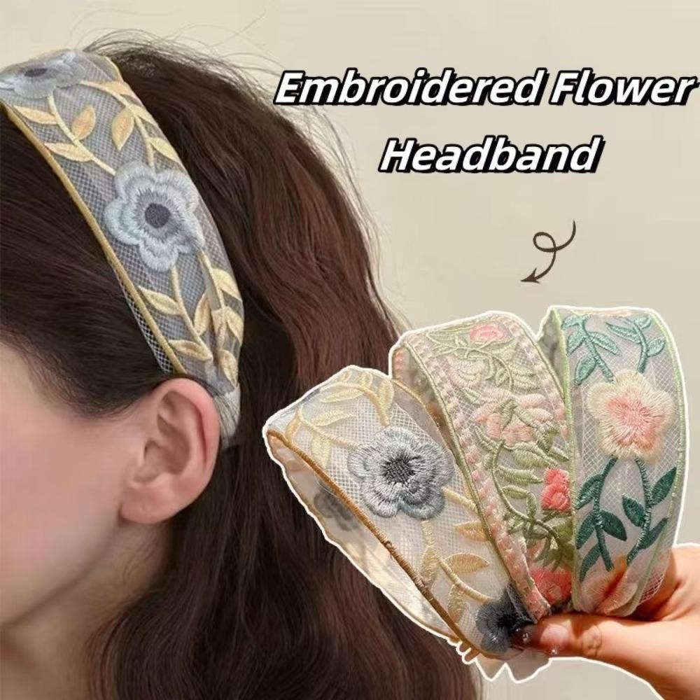 Wide Edge Embroidered Flower Headband Elegant Chiffon Hairband Women Fashion Hair Accessories