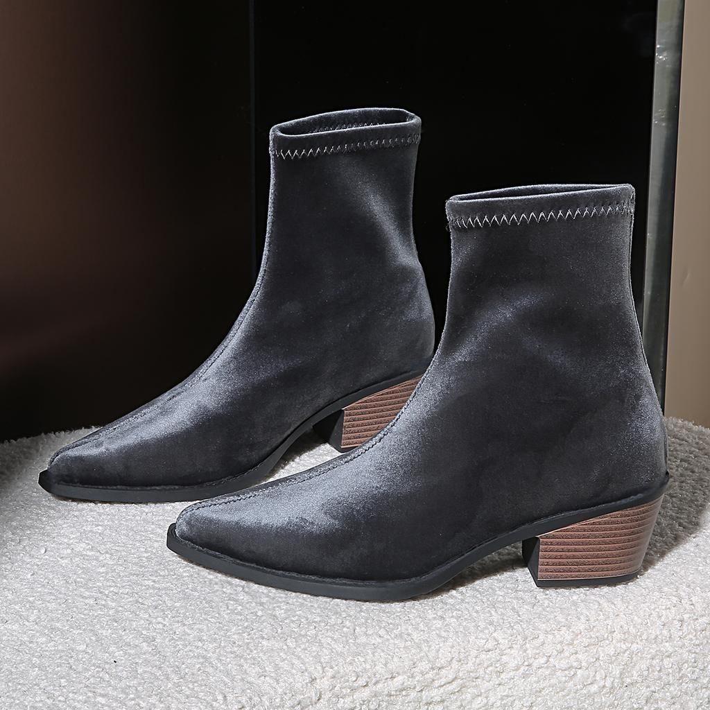 Aphixta Classic Ladies Stretch Boots Pointed Toe Wood Heels Concise Women Ankle Boots Botines Shoes For Woman Boats High Heels