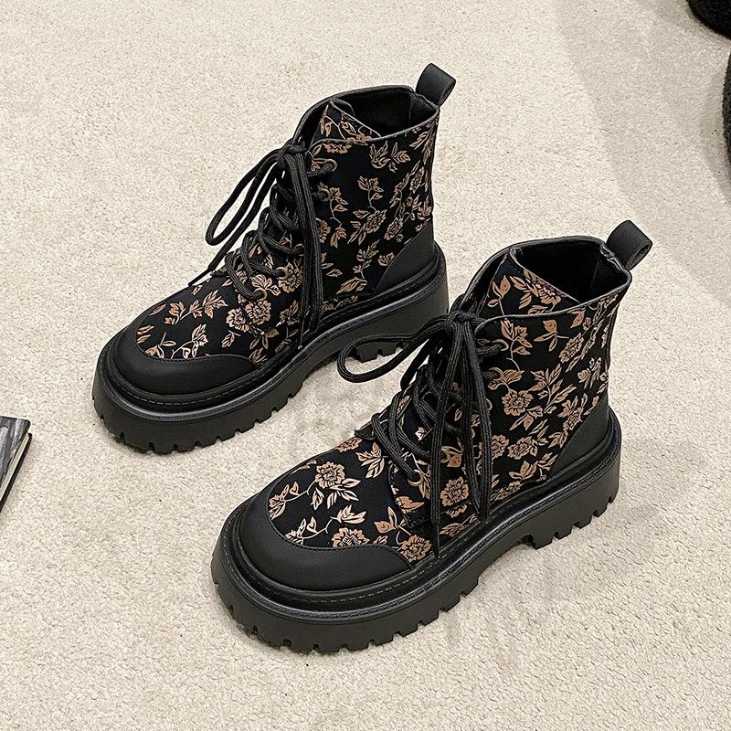 Large Size Martin Boots Women'S Velvet Warm British Style Thick Heel Short Boots Women'S Front Lace-Up Fashion Boots Women