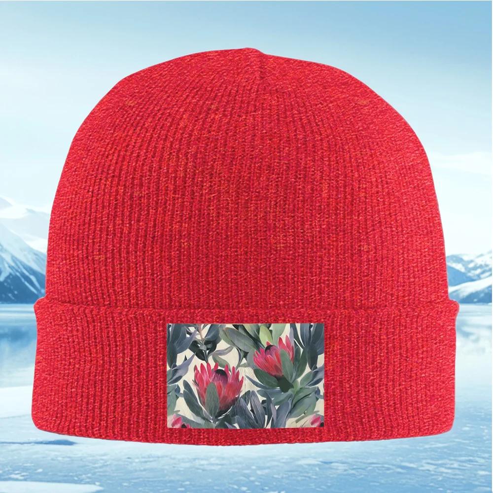 Floral Red Pattern Leaves Artwork Unisex Women Unisex Knitted Hat Beanie Pullover Cap Winter Thermal Warm Christmas Outdoor Cycling