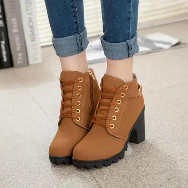 Fashion Boots Women Shoes Women Fashion High Heel Lace Up Ankle Boots Ladies Buckle Platform Artificial Leather Shoes bota feminina2025