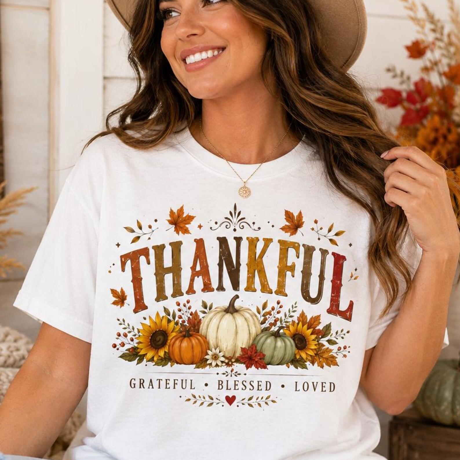 Thankful Grateful Blessed Loved Autumn Pumpkin Graphic Tee, Comfort Colors Fall Shirt M
