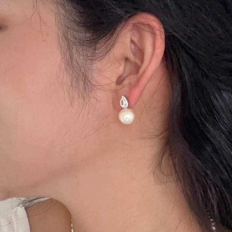 Full Diamond Drop Pearl Earrings Zirconia Inlaid Design Light Luxury Senior Sense Women's Gentle Temperament Ear Jewelry