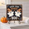 Autumn Festive Decor Halloween Wooden Table Sign, Cute Ghost Boo Plaque Sign with Rustic Fall Bathroom Metal Stand for Indoor Desk Shelf Home