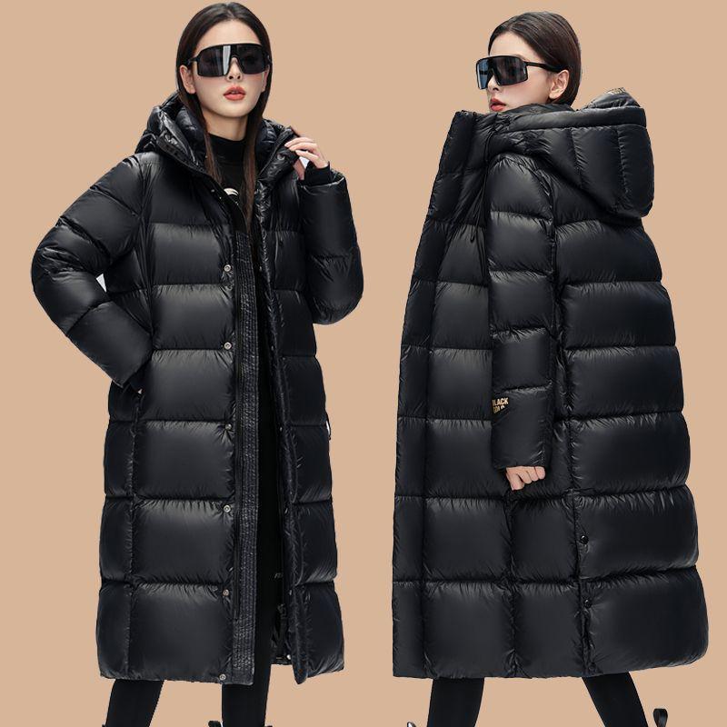 Womens Long Black Down Coat With Hood Thick Winter Outerwear 50% Duck Fill Slim Fit Cold Weather