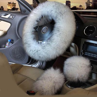 3pcs/set Winter Wool Car Steering Wheel Cover Long Australian Wool Heated Fur Steering Wheel Cover Handbrake Gear Shifter